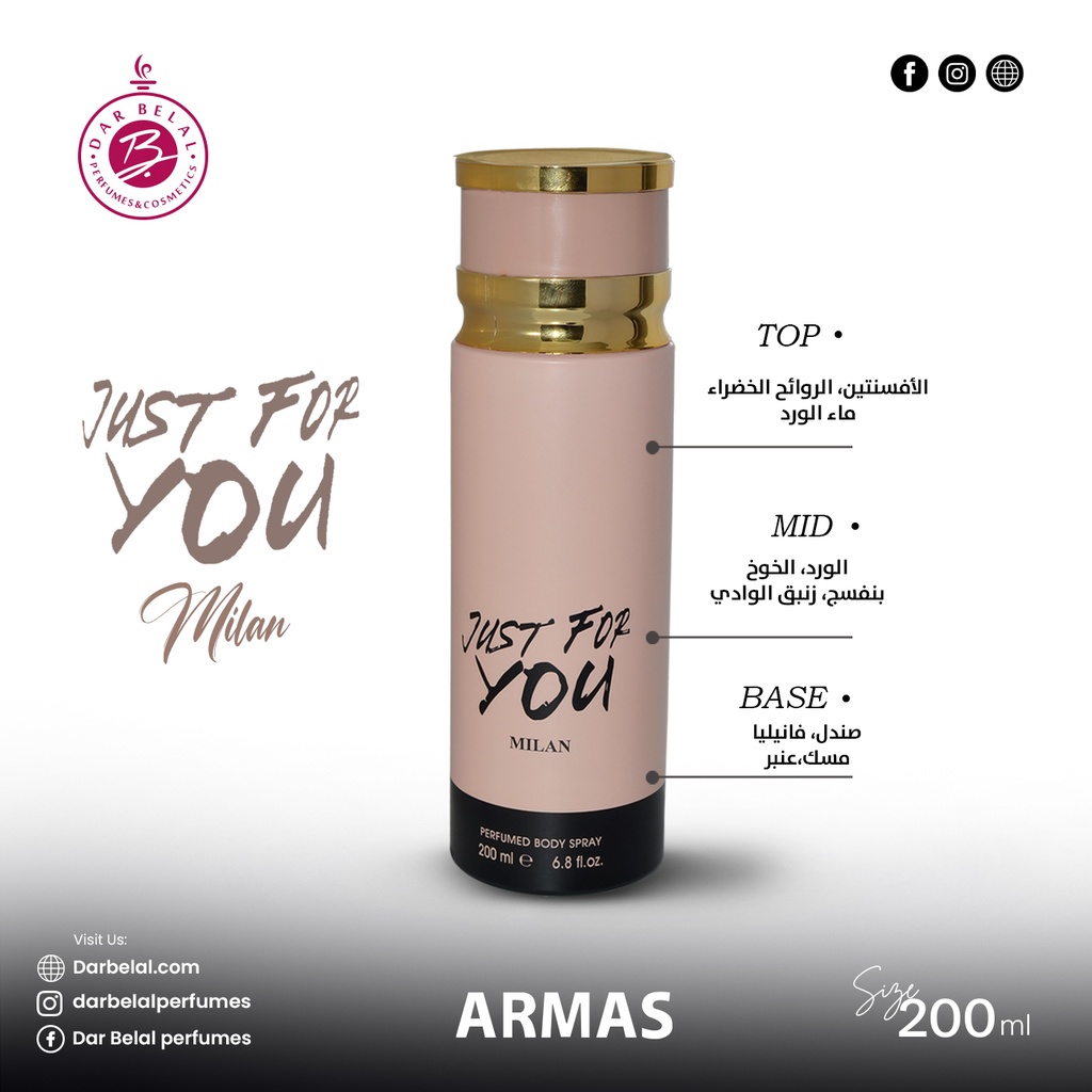 Milan Deodorant Perfumed Body Spray  200 ML - Just for you By Armas