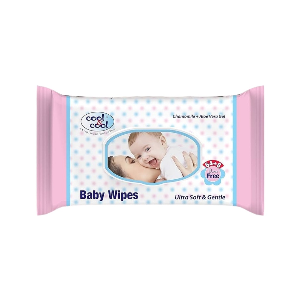 With Chamomile & Aloe Vera Gel Baby Wipes  (64Pcs+8Free) -  By Cool&Cool